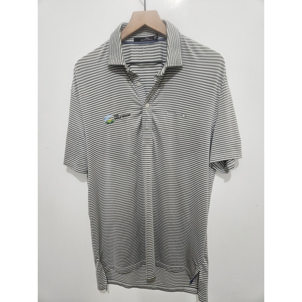 RLX Ralph Lauren Mens Grey‎ White Striped Golf Polo Shirt Size M The Golf Room